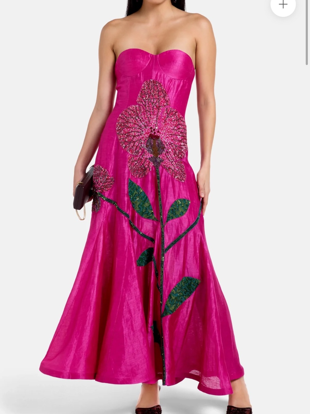 Strapless Fuchsia Midi Dress with Floral Appliqué new with tag